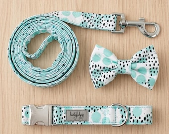 Set collare e guinzaglio turchese per cani: motivo astratto color menta e pioggia, con opzione papillon.