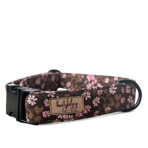 Floral dog collar, pink girly pet collar with floewrs, cherry blossom, flower girl dog wedding, brown pet collar, gold puppy collar, gift