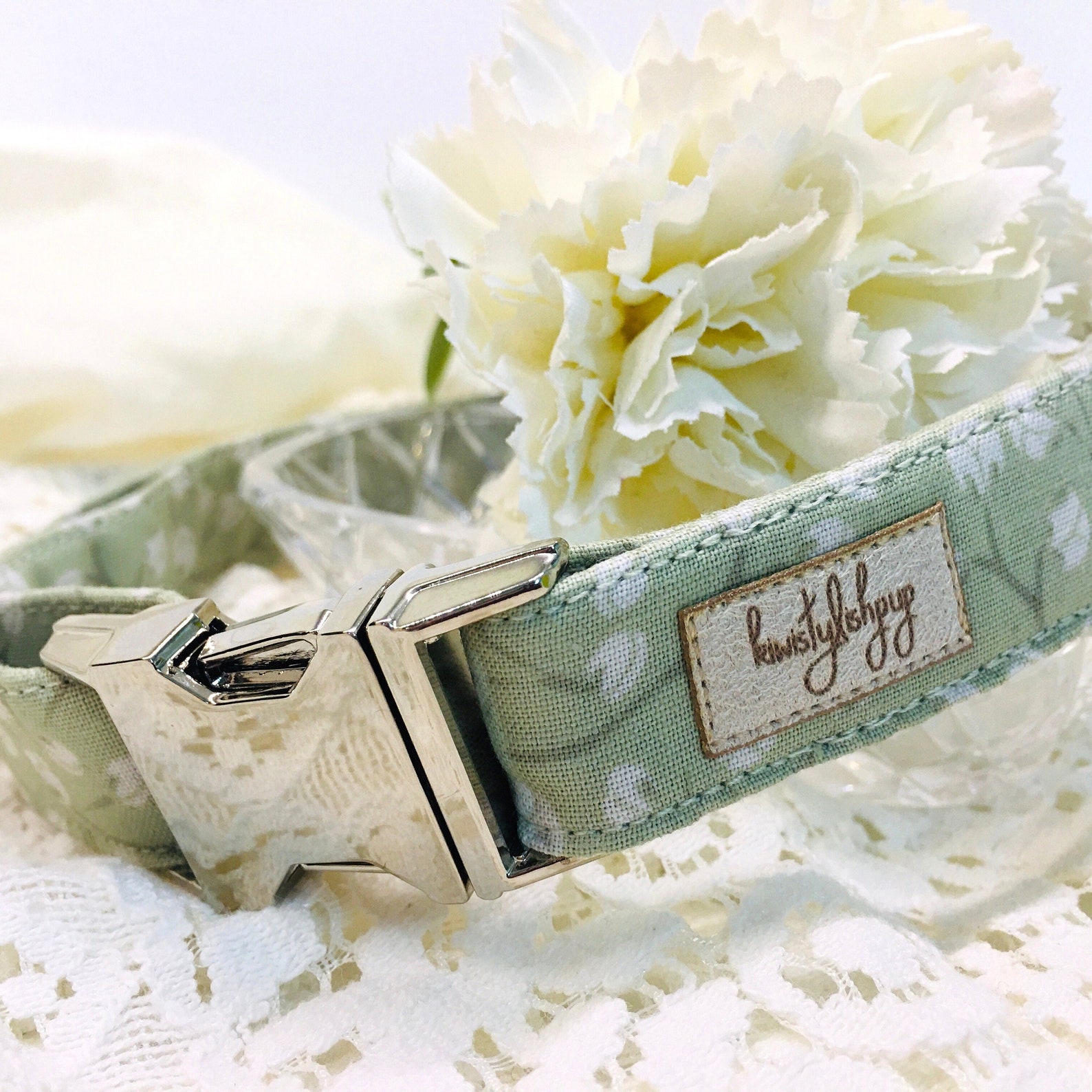 Green Floral Dog Collar Sage Green Dog Collar Cute Puppy Etsy
