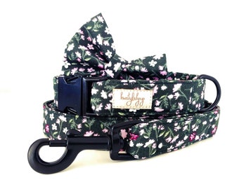 Floral Dog Collar Leash Set: Dark Green Forest Flowers, Puppy Bow