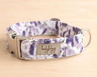 Lavender Floral Dog Collar, Luxury Handmade Puppy Neckwear, Silver Hardware Swedish Pet Gift