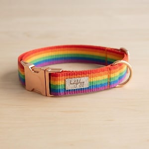 May include: A rainbow-striped pet collar made of woven nylon webbing featuring a rose gold metal side-release buckle and a matching D-ring. A small rectangular silver-toned fabric label with cursive black text is stitched onto the collar.