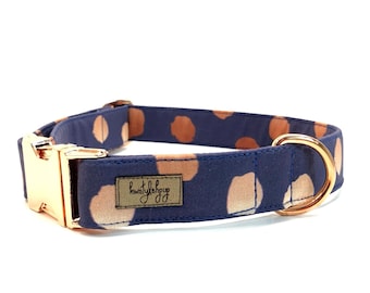 Royal blue dog collar, spotted dog collar, rose gold dog collar, boy dog collar, girl dog collar, cute puppy collar, blue dog collar