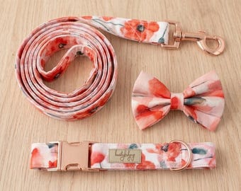 Poppy Dog Collar and Leash Set: Floral Pet Collar with Bow