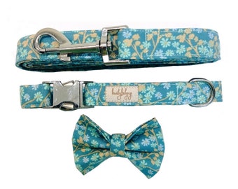 Floral dog collar and leash set, matching collar and lead, girl dog collar, pet collar and leash set, cute puppy collar, summer collar