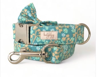 Floral Dog Collar and Leash Set: Aqua Flower Walking Set