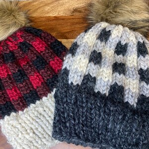 Cozy Buffalo Plaid Beanie -  hand knit, faux fur pom pom