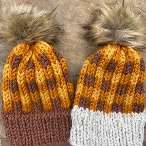 Cozy Buffalo Plaid Beanie - hand knit, faux fur pom pom, recycled yarn, eco friendly