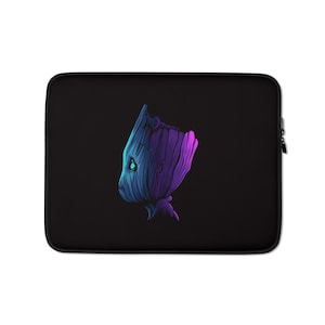 May include: A black laptop sleeve with a neon blue and purple illustration of a tree-like character with a single eye. The character is facing to the left.