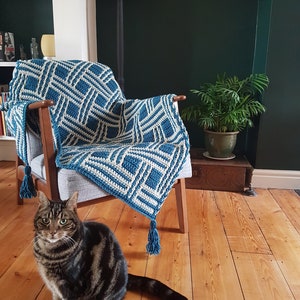 May include: A blue and white crocheted throw blanket with tassels draped over a chair in a living room. A tabby cat sits on the wooden floor.