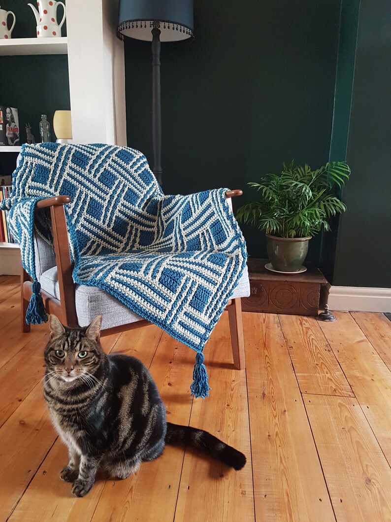 May include: A blue and white crocheted throw blanket with tassels draped over a chair in a living room. A tabby cat sits on the wooden floor.
