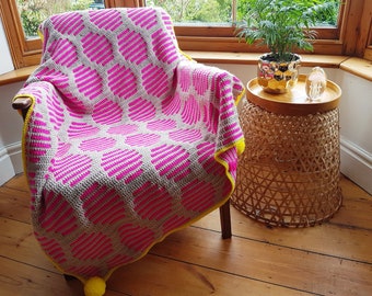 Crochet PATTERN Neon Fizz Throw, mosaic crochet, Blanket, Afghan. Original design by RedSparrowCrochet. Downloadable PDF file