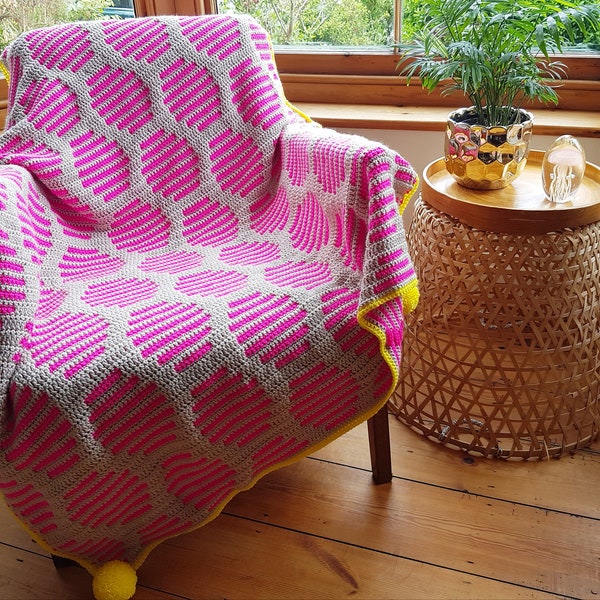 Crochet PATTERN Neon Fizz Throw, mosaic crochet, Blanket, Afghan. Original design by RedSparrowCrochet. Downloadable PDF file