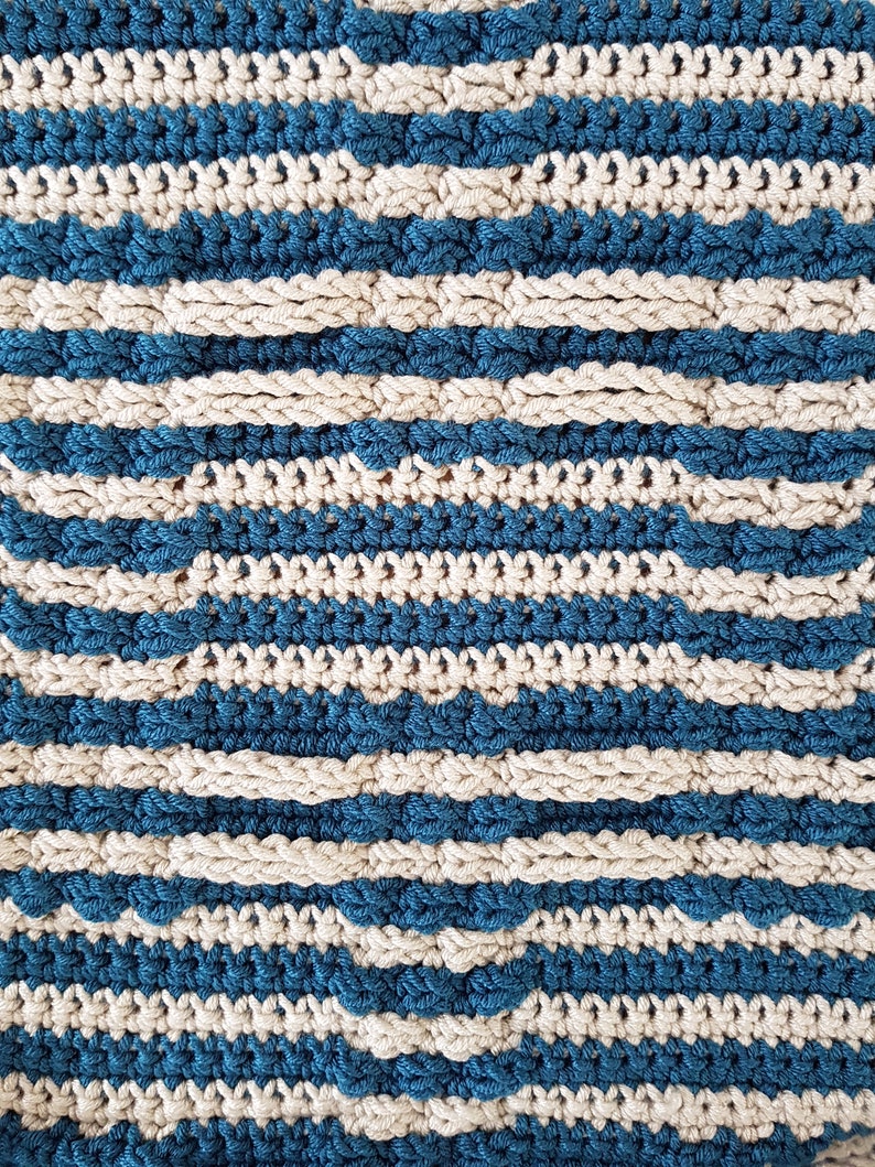 May include: A close-up of a crocheted fabric with alternating stripes of teal blue and cream.