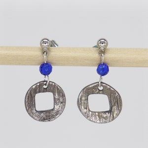 Circle with a square hole  with Blue Glass Bead Earrings