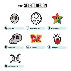 May include: A selection of 16 different embroidery designs featuring characters from the Super Mario franchise. The designs include Shy Guy, Mushroom, Rainbow Star, Turtle Skull, DK Donkey, Ghost, and Koopa.