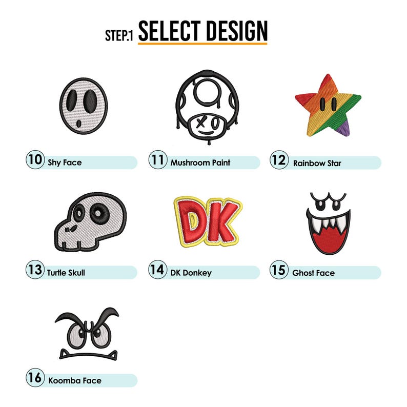 May include: A selection of 16 different embroidery designs featuring characters from the Super Mario franchise. The designs include Shy Guy, Mushroom, Rainbow Star, Turtle Skull, DK Donkey, Ghost, and Koopa.