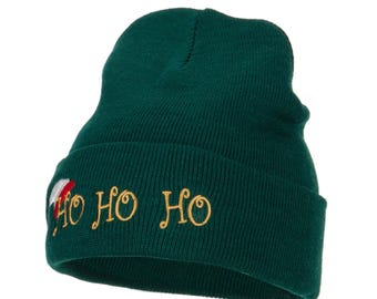 Christmas Ho Ho Ho with Hat Embroidered Long Beanie