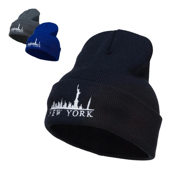 New York Skyline Embroidered Long Beanie - Etsy