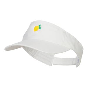 May include: White visor with a curved brim and adjustable strap. A yellow lemon with green leaves is embroidered on the front. The visor is designed to shield the eyes from the sun.