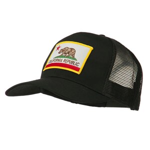 May include: Black trucker hat with a California Republic patch featuring a bear and the state flag. The patch has a yellow border and red, white, and blue colors.