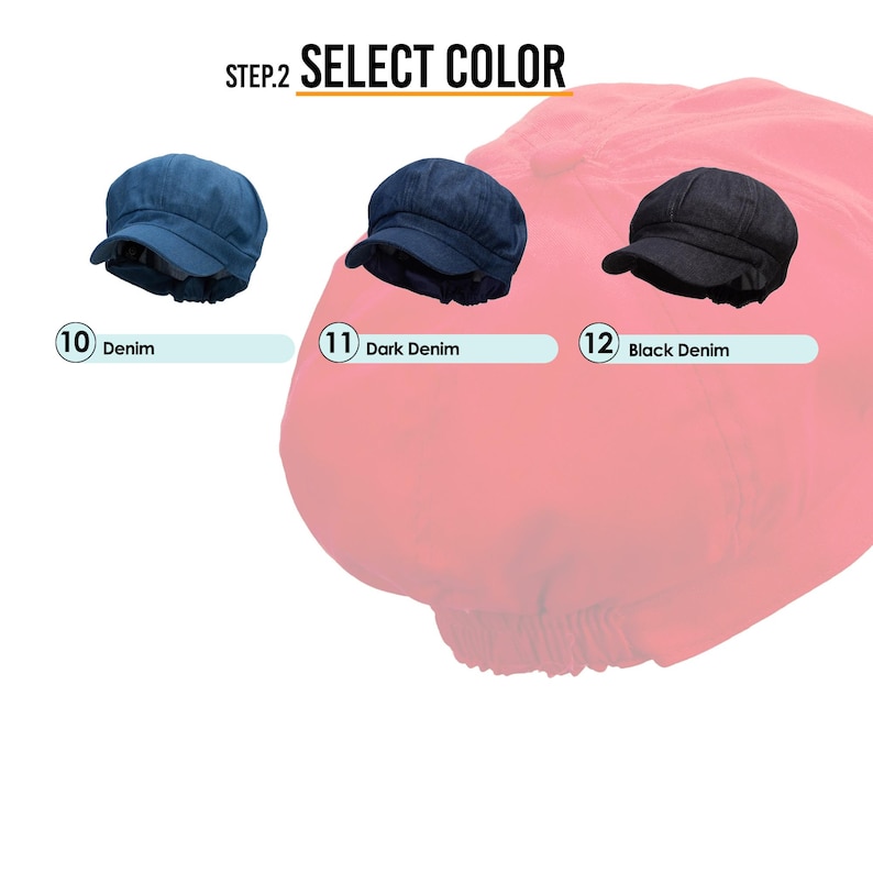 May include: Three different colored denim newsboy caps. The caps are in denim, dark denim, and black denim. The caps are all the same style, with a rounded crown and a flat brim.