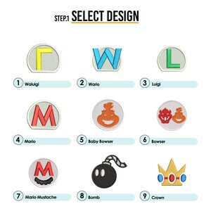 May include: A grid of nine colorful embroidered patches featuring characters from the Super Mario franchise. The patches are numbered 1 through 9 and include characters like Waluigi, Wario, Luigi, Mario, Baby Bowser, Bowser, Mario Mustache, Bomb, and Crown.
