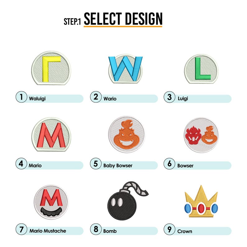 May include: A grid of nine colorful embroidered patches featuring characters from the Super Mario franchise. The patches are numbered 1 through 9 and include characters like Waluigi, Wario, Luigi, Mario, Baby Bowser, Bowser, Mario Mustache, Bomb, and Crown.