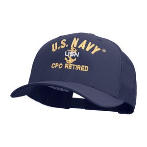 May include: Navy blue baseball cap with a mesh back. The cap features gold embroidered text that reads "U.S. NAVY", "USN", and "CPO RETIRED", along with an anchor emblem.