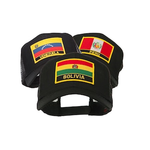 May include: Three black trucker hats with mesh backs and flag patches. The flags represent Venezuela, Peru, and Bolivia. Each patch has a yellow border and the country's name.
