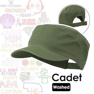 May include: A green cadet cap with a washed finish. The cap has a straight brim and a button on top. The text "Cadet Washed" is printed on the front of the cap.