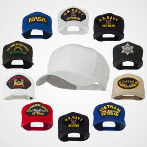 May include: A collection of ten baseball caps with various embroidered patches. The patches feature different military branches, including the U.S. Army, U.S. Navy, and U.S. Air Force. Some patches also include the words "Veteran" and "Retired".