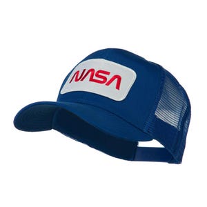 May include: A blue and white trucker hat with a red "NASA" logo patch on the front.
