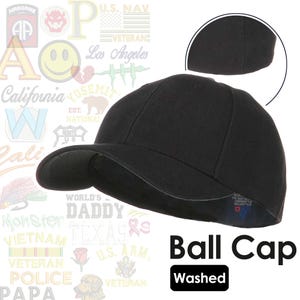 May include: A black washed cotton baseball cap with a curved brim. The cap has a classic design and is suitable for everyday wear.