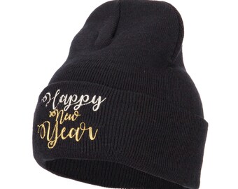Glitter Happy New Year Embroidered Knitted Long Beanie
