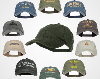 Customize Washed Solid Pigment Dyed Cotton Twill Brass Buckle Cap with Army Veteran, Air Force Veteran, Navy Veteran Embroidery Designs