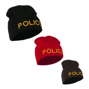 May include: Three knit beanies in black, red, and brown with the word "POLICE" embroidered in yellow on the front.