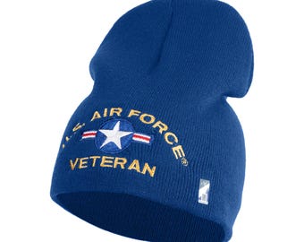 U.S. Airforce Veteran with Roundel Symbol Embroidered 8 Inch Solid Knit Short Beanie Made in USA