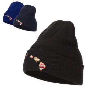 May include: Black, navy blue, and dark blue knit beanie hats with an embroidered image of the Hawaiian islands with the Hawaiian flag on the islands.