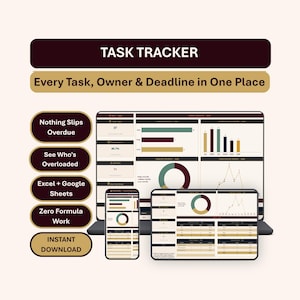 May include: A digital task tracker dashboard displayed on a laptop, tablet, and smartphone. The interface features maroon and gold accents, showing bar charts, pie charts, and line graphs. Text includes TASK TRACKER, Every Task, Owner & Deadline in One Place, Nothing Slips Overdue, See Who's Overloaded, Excel + Google Sheets, Zero Formula Work, and INSTANT DOWNLOAD.