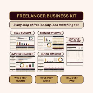 Puede incluir: Un kit de negocios digital para trabajadores independientes que incluye una colección de plantillas como Solo Biz CRM, Service Pricing, Invoice Template, Invoice Tracker y Client Tracker. El diseño muestra gráficos y tablas.
