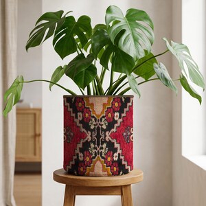 May include: A Monstera plant with large, green leaves in a cylindrical planter. The planter has a red, black, and yellow geometric pattern. It sits on a small, round wooden stool. The plant adds a vibrant touch to the room.