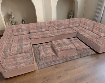 Vintage Medallion Pattern Floor Sofa, Persian Inspired Modular Seating Set, Authentic Distressed Home Furniture, Living Room Sectional Sofa