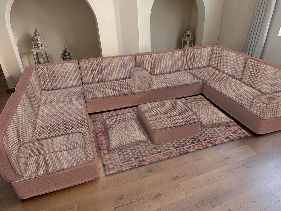 Patterned Sectional Blush Pink Textured Floor Sofa Set, U-shaped Bohemian Lounge Furniture ...