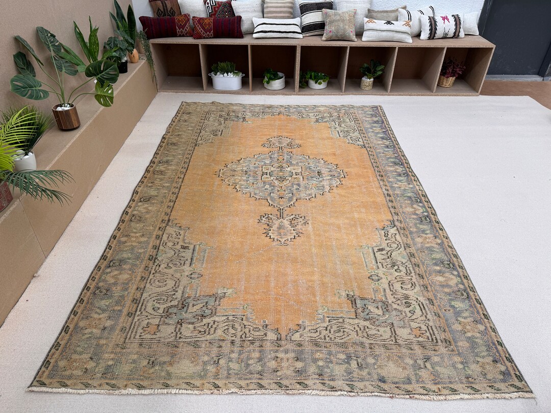 Vintage Rug Large Rugs Turkish Faded Oushak for Salon 6.5x9.7 Ft Orange ...
