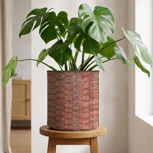Op de afbeelding: Een grote Monstera-plant met groene bladeren staat in een decoratieve pot. De pot heeft een rood en bruin patroon en staat op een kleine houten kruk. De achtergrond toont een neutrale muur en een houten kast.