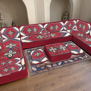 Geometric Diamond Pattern Corner, Modular Sectional with Pouf, Tribal Motif Low Profile Seating, Rustic Oriental Style Interior Set,