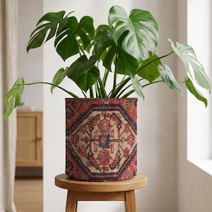 May include: A Monstera plant with large, green, split leaves in a cylindrical planter. The planter has a red, blue, and beige patterned design, reminiscent of a vintage rug. It sits on a small, round wooden stool.