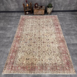 Alfombra turca Oushak, alfombra de lana anudada con estampado floral beige, alfombra vintage grande, 6,8 x 10,2, alfombra rectangular anudada a mano para sala de estar.