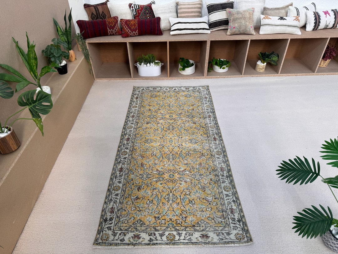 Vintage Rug Turkish Accent Antique Rugs for Salon 3.1x6.5 Ft Green ...
